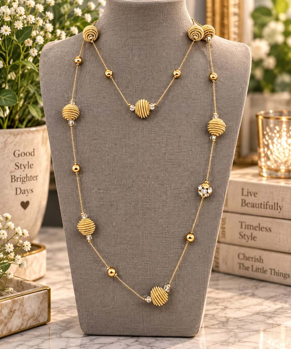 Gold Tone Long Station Necklace Coiled Spring Beehive and Rhinestone Beads Vtg